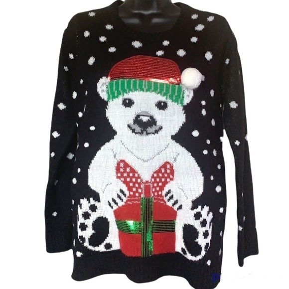 Vintage🧚♀️black ugly Christmas polar bear with polka dot print sweater size M - Picture 1 of 15